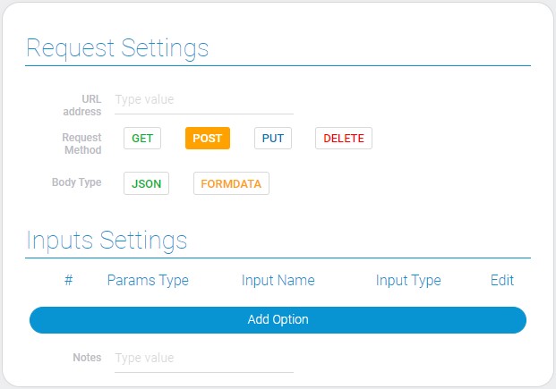 Settings of request and inputs of request node