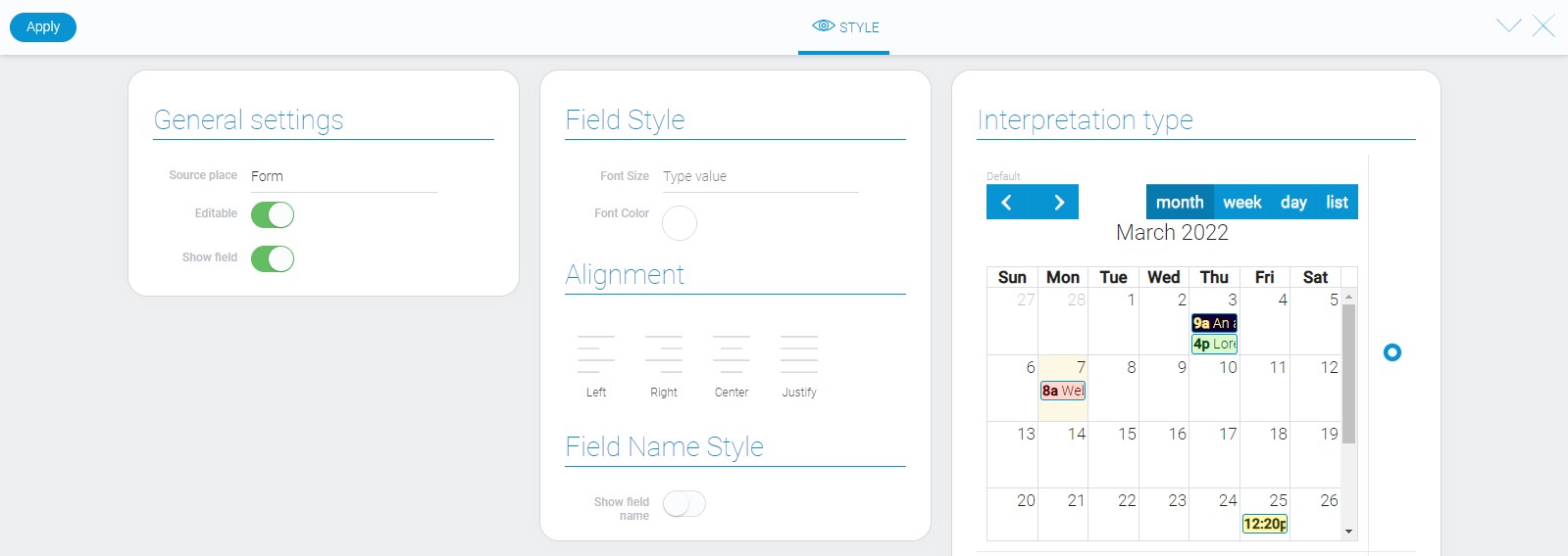 Style of calendar element