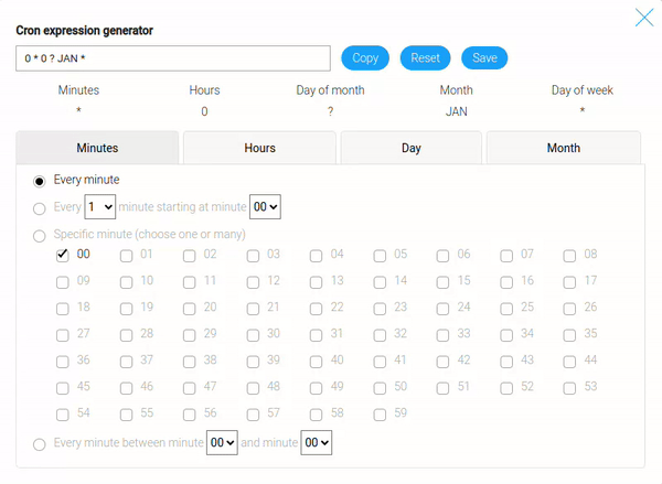Options of the minutes tabs