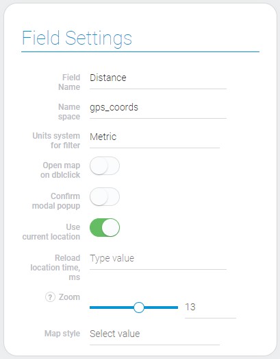 Field settings of GPS coords element