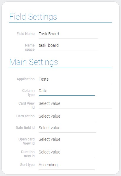 Field and main settings with date column type of task board element