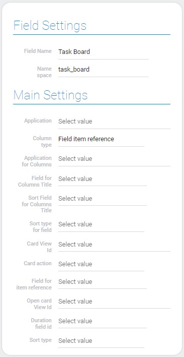 Field and main settings with reference column type of task board element