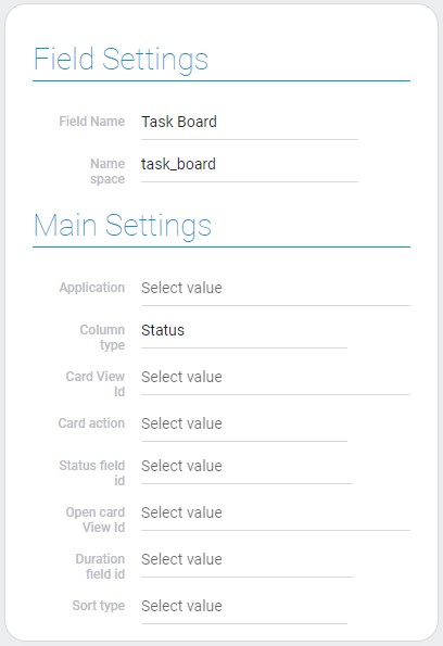 Field and main settings with status column type of task board element