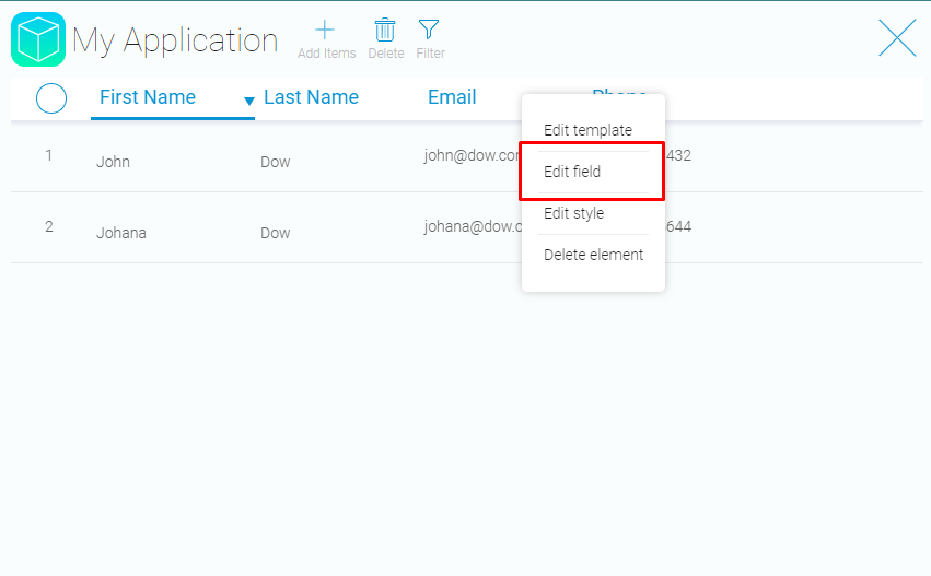 Example of settings bar