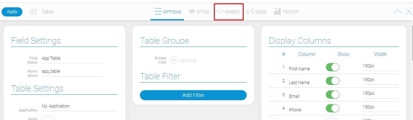 Open settings of example field