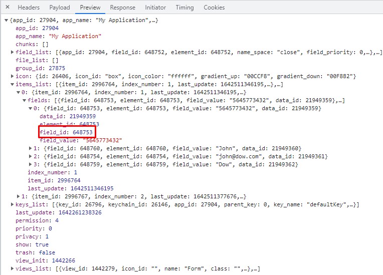 Example of getting field ID from items list