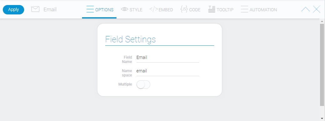 Settings of the chosen field from example table